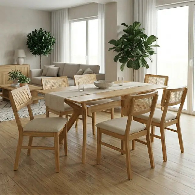 Τραπεζαρία Raffles pakoworld σετ 7τεμ rubberwood με pe rattanσε φυσική απόχρωση 150x90x76εκ