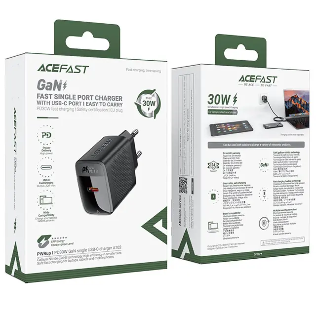 Φορτιστής Ταξιδίου Acefast A102 Fast Charging USB-C PD30W QC3.0 GaN Μαύρος 2