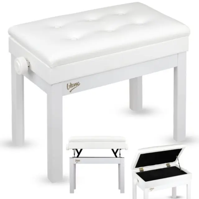 V-TONE PB4 WH piano keyboard bench white upholstered musician seat storage compartment adjustable 49-57 cm up to 140 kg