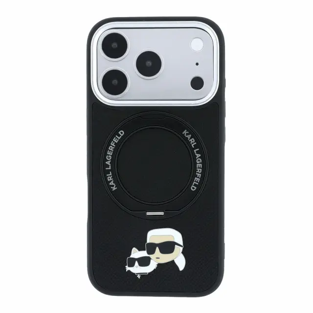 Karl Lagerfeld PU Grained K&CH Heads Ring Stand Magsafe Case for iPhone 18 Pro Max Black 3
