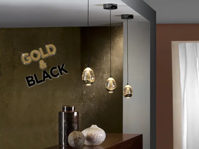 Rocio 784351 Κρεμαστό Φωτιστικό 1L Black-Gold με LED 5W | Drop Glass Design 3000K 480lm Μαύρο Μαύρο/Χρυσό Ροζ χρυσό