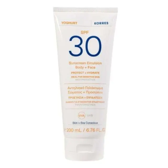 KORRES Yoghurt Sunscreen Emulsion Body + Face SPF30, Αντηλιακό Γαλάκτωμα Σώματος + Προσώπου - 200ml