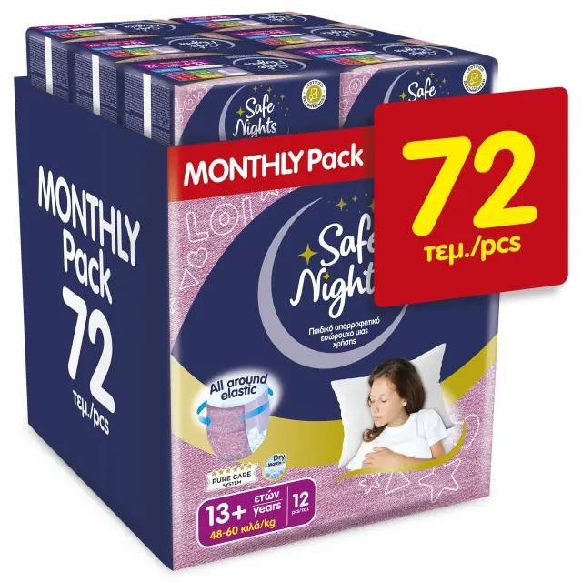 Babylino Safe Nights Kids Pants Girl 13+ ετών 48-60kgr Monthly Pack 72τεμ (6*12τεμ)