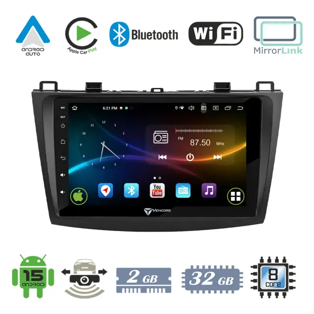 VenCore Οθόνη Multimedia Android 15 9" 9109A MTK6762 Octa-Core 2GB/32GB IPS με Πρόσοψη, CarPlay, Android Auto και Υποστήριξη Κάμερας Οπισθοπορείας AHD για Mazda 3 2009-2014 – Μαύρη (3236-10007-0228B)
