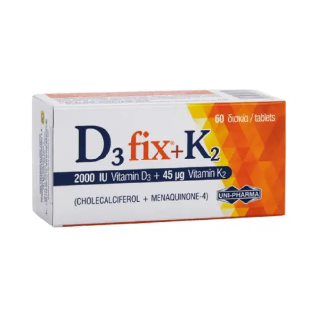 Uni-Pharma D3 Fix + K2 Βιταμίνη για Ενίσχυση του Ανοσοποιητικού & την Υγεία των Οστών 2000iu 45mg 60 ταμπλέτες
