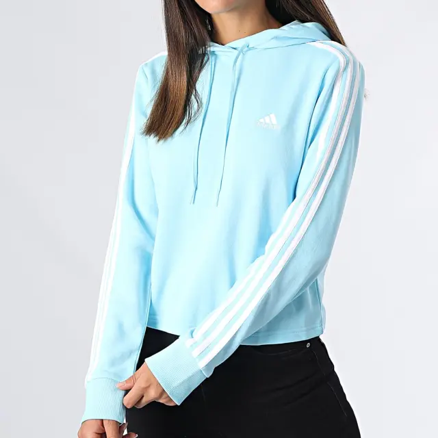 Adidas Essentials 3-Stripes Cropped Γυναικείο Φούτερ με Κουκούλα HL2168 Γαλάζιο - S 3