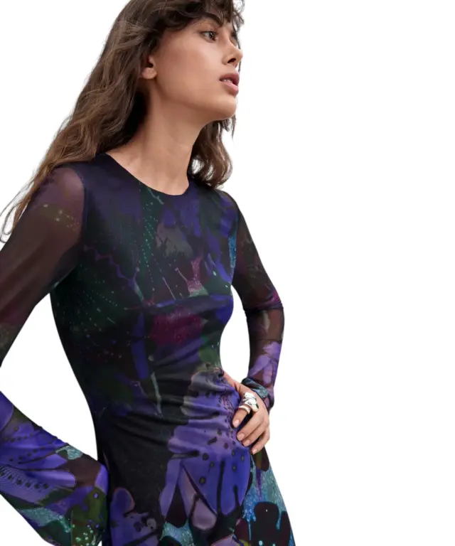 Desigual - Γυναικείο Μακρύ Τούλινο Φόρεμα Leafs 26WWVW24-4092 Μπλε/Μωβ 2