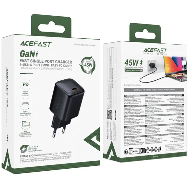 Φορτιστής Ταξιδίου Acefast A119 Mini Fast Charging USB-C PD45W 3A GaN Μαύρος 2