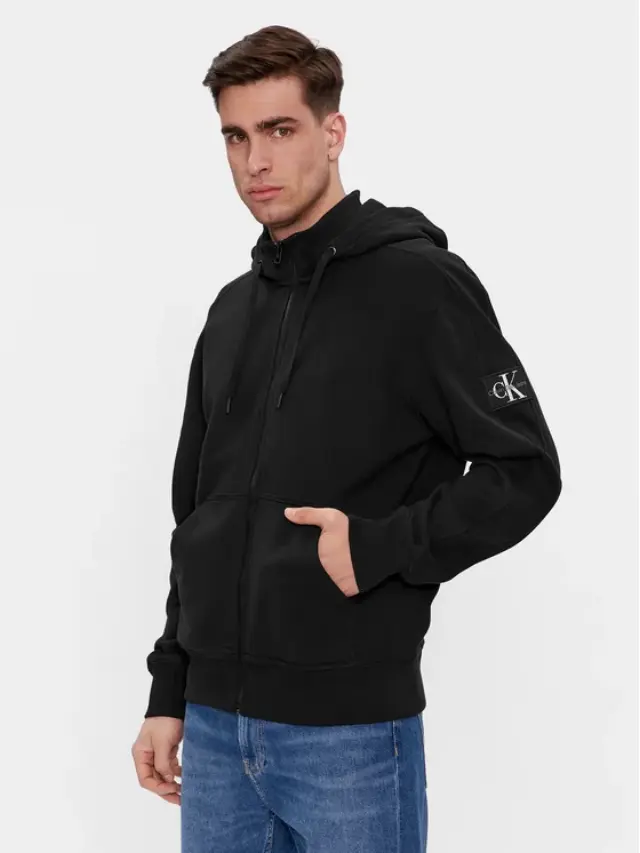 Calvin Klein - Ανδρική Ζακέτα Badge HWK Zip-Through με Φερμουάρ και Κουκούλα Regular Fit J30J324956-BEH Μαύρο - XL