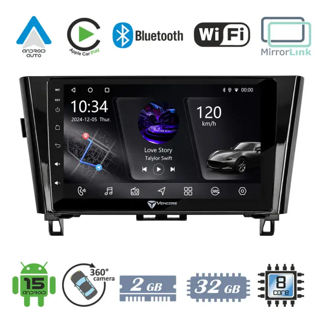 VenCore Οθόνη Multimedia Android 15 10.1" PX5S Octa-Core 2GB/32GB IPS με Πρόσοψη, CarPlay, Android Auto και Υποστήριξη Κάμερας 360° για Nissan X-Trail 2014-2022 – Μαύρη (3236-10006-0328B1)