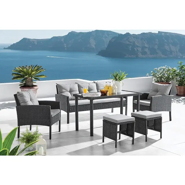 Σετ Σαλόνι Κήπου SANTO Γκρι Μέταλλο/Wicker Τραπέζι+Καναπές+Πολυθρόνες+Σκαμπό