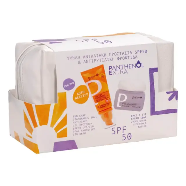 Panthenol Extra Promo Glass Skin Routine Aντιηλιακό Gel Προσώπου SPF50, 50ml, 24ωρη Κρέμα Προσώπου & Ματιών, 50ml & Δώρο Νεσεσέρ, 1τεμ, 1σετ