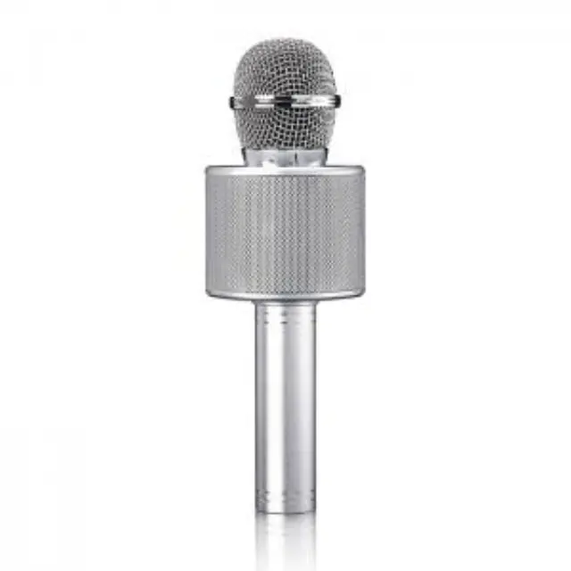 Ασύρματο Bluetooth μικρόφωνο με ενσωματωμένο ηχείο και λειτουργία Karaoke, σε ασημί χρώμα. 3