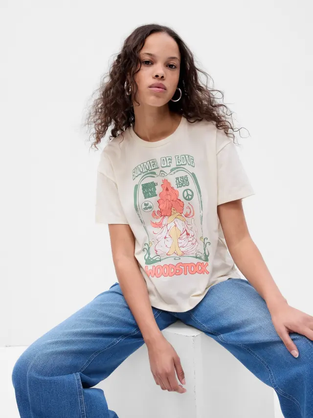 Μπεζ Graphic Μπλούζα Woodstock (off white) - XS