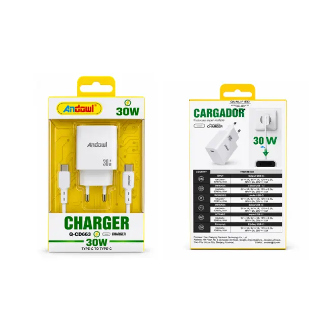 Andowl Φορτιστής USB-C PD 30W με Καλώδιο Type-C σε Type-C Q-CD663 - 30W USB-C PD Charger with Type-C to Type-C Cable 267858