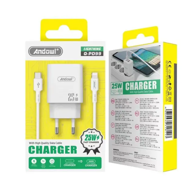 Andowl Φορτιστής με καλώδιο Type-C σε Lightning & θύρα USB-A 25W Q-PD99 - Charger 718117