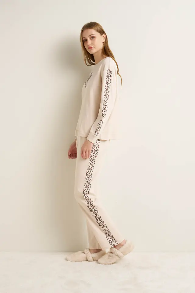 Vamp Γυναικεία Βαμβακερή Πιτζάμα Μπεζ Κρεμ Με Animal Print 2