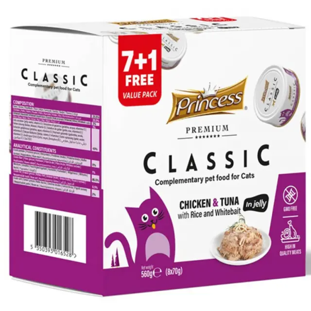 Princess Premium Classic Κονσέρβα Γάτας με Τόνο, Κοτόπουλο, Ψάρι & Ρύζι 70gr (7 + 1 Δώρο)