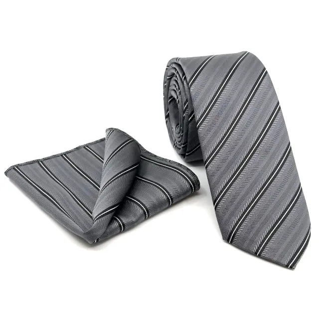 Γκρι Ριγέ Γραβάτα Microfiber Σετ με Μαντήλι Σχέδιο 264