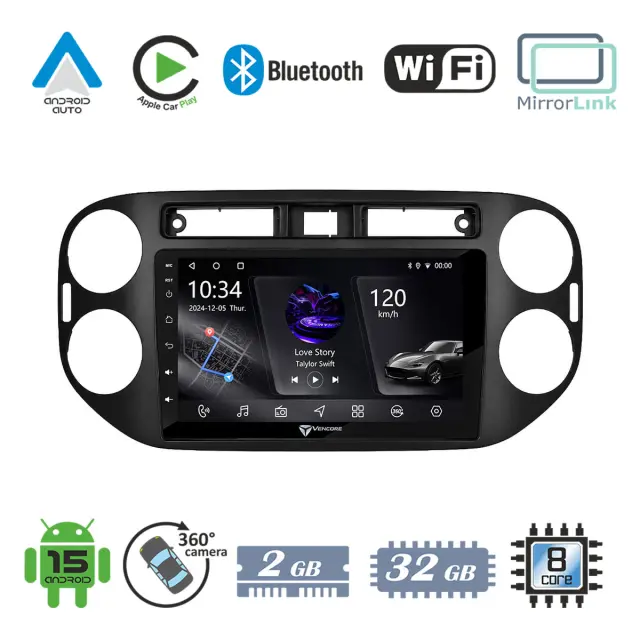 VenCore Οθόνη Multimedia Android 15 9" PX5S Octa-Core 2GB/32GB IPS με Πρόσοψη, CarPlay, Android Auto και Υποστήριξη Κάμερας 360° για VW Tiguan 2008-2016 – Μαύρη (3236-10005-0639B)