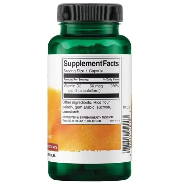 SWANSON Vitamin D3 Βιταμίνη για Ενίσχυση του Ανοσοποιητικού & την Υγεία των Οστών 2000iu 250 κάψουλες 2