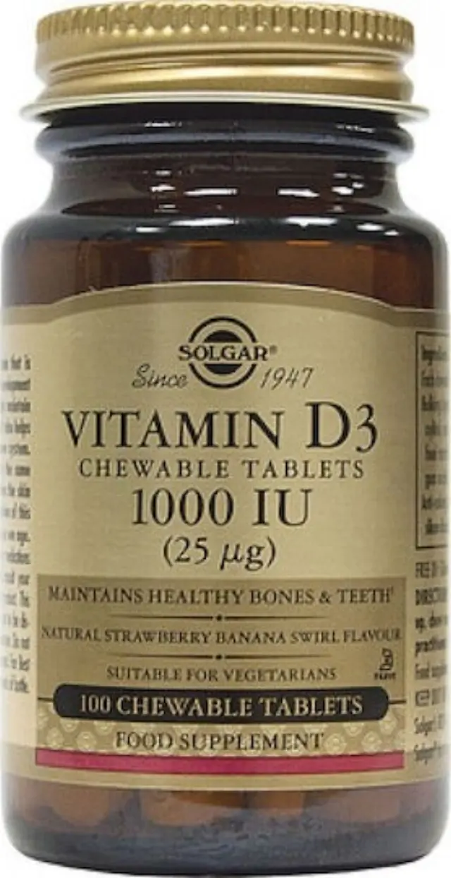 Solgar Vitamin D3 1000iu Βιταμίνη για Ενίσχυση του Ανοσοποιητικού & την Υγεία των Οστών 100 μασώμενες ταμπλέτες