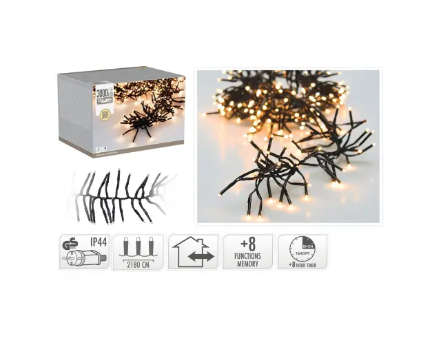 3.000 Φωτάκια LED - 21.8 Μέτρα + 3 Μέτρα σύνδεσης , Πυκνή Διάταξη, με χειριστήριο, 8 προγράμματα, Μαύρο καλώδιο - Εξτρα θερμό λευκό AGL550370