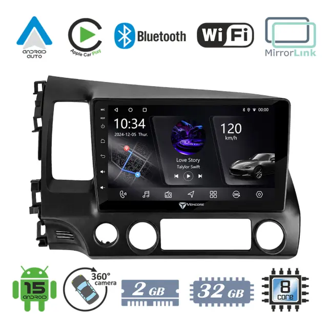 VenCore Οθόνη Multimedia Android 15 10.1" PX5S Octa-Core 2GB/32GB IPS με Πρόσοψη, CarPlay, Android Auto και Υποστήριξη Κάμερας 360° για Honda Civic 2006-2011 – Μαύρη (3236-10006-0242B)