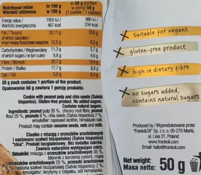 Keto Soft Cookie Φυστικοβούτυρο – Frank & Oli – 50g 5900316552246 3