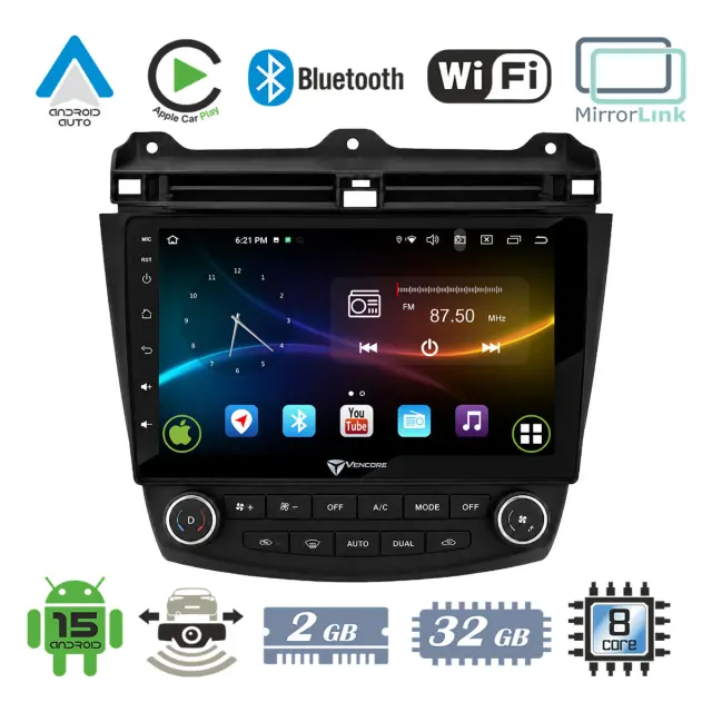 VenCore Οθόνη Multimedia Android 15 10.1" 9109A MTK6762 Octa-Core 2GB/32GB IPS με Πρόσοψη, CarPlay, Android Auto και Υποστήριξη Κάμερας Οπισθοπορείας AHD για Honda Accord 2002-2008 – Μαύρη (3236-10008-0669B)