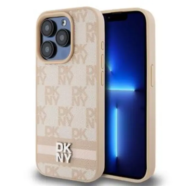 DKNY PU Leather Checkered Pattern and Stripe Case for iPhone 14 Pro Pink