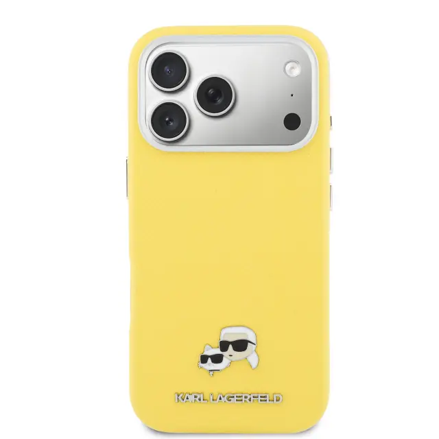 Karl Lagerfeld PU Karl and Choupette Heads Pins MagSafe Case for iPhone 17 Pro Max Yellow 2