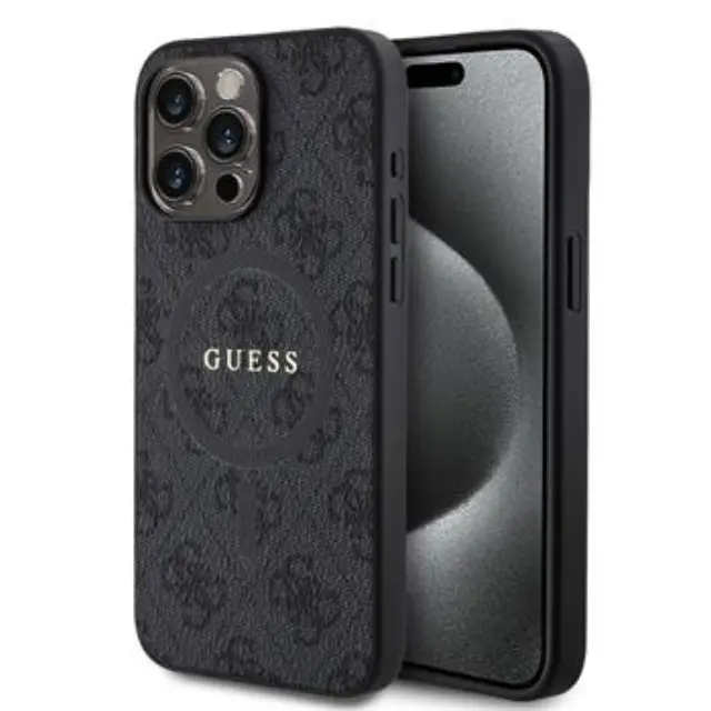 Guess PU Leather 4G Colored Ring MagSafe Case for iPhone 15 Pro Max Black