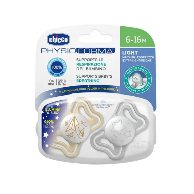 CHICCO Physio Light Πιπίλες Σιλικόνης Γκρι - Κίτρινο για 6-16 μηνών 2τμχ