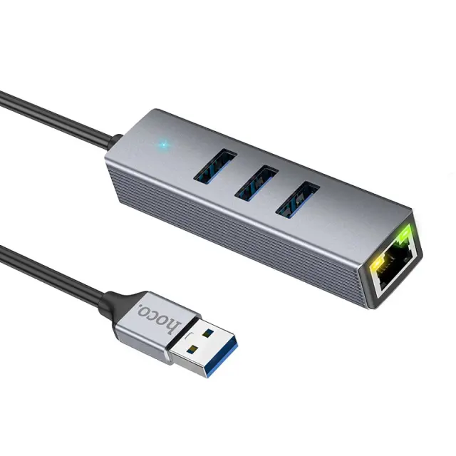 Αντάπτορας Hoco HB34 3 x USB σε USB 3.0 και RJ45 με Λειτουργία Μεταφοράς Δεδομένων 1000Mbps Γκρι 3