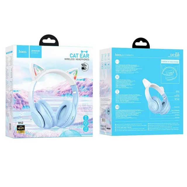 Wireless Ακουστικά Stereo Hoco W42 Cat Ears 400mAh MicroSD και AUX Crystal Blue 3