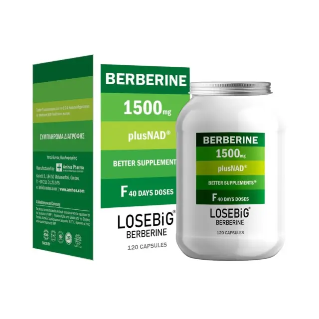 Amhes Pharma Losebig Berberine 1500mg Plus Nad, Συμπλήρωμα Διατροφής Βερβερίνης & Ενζύμου NAD 120 κάψουλες