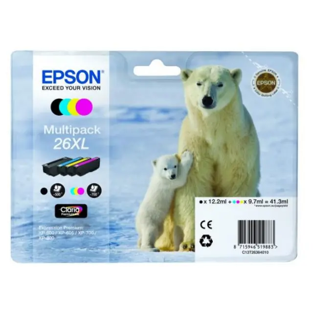 Epson 26XL Γνήσιο Πακέτο 4 Μελανιών Εκτυπωτή InkJet Κίτρινο / Κυανό / Ματζέντα / Μαύρο (C13T26364010)