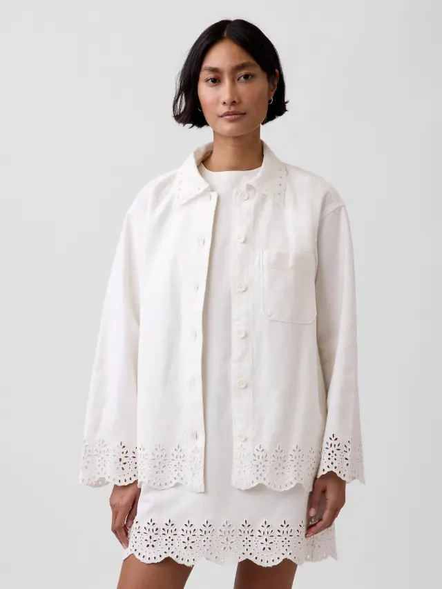 Eyelet Hem Relaxed Πουκάμισο Πανωφόρι New off white - M