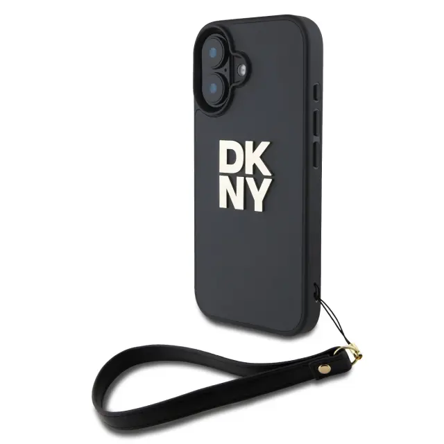 DKNY PU Leather Stack Logo Wrist Strap Case for iPhone 16 Black 2