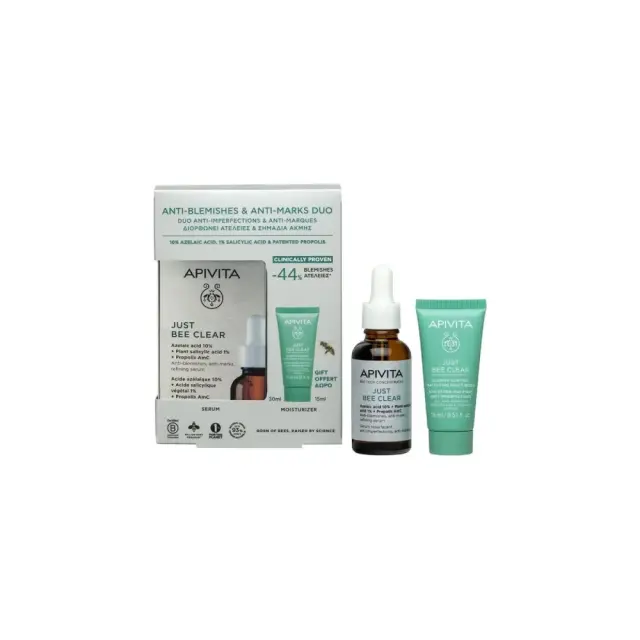 Apivita Promo Bee Tech Concentrates Just Bee Clear Serum 30ml, Ορός Λείανσης Ατελειών & Δώρο Blemish Control Mattifying Moisturizer, Ενυδατική Κρέμα για Ματ Αποτέλεσμα 15ml