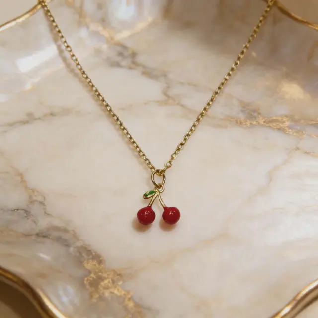 Cherry Pendant Necklace Gold Stainless Steel
