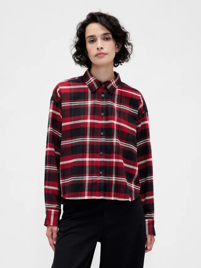 Φανελένιο Straight-Hem Crop Πουκάμισο RED BLACK PLAID