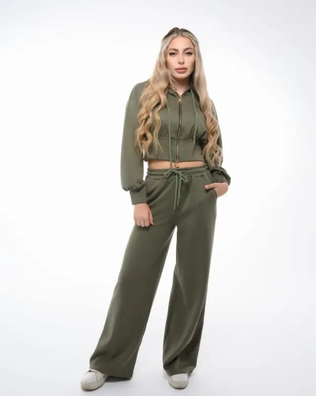 Ghetto Women’s Olive Cropped Zip Hoodie + Wide-Leg Jogger Set