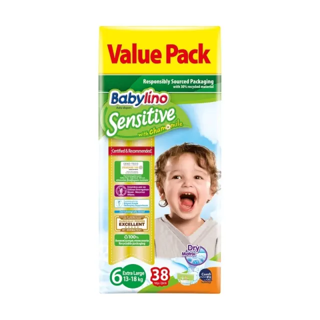 Babylino Πάνες με Αυτοκόλλητο Sensitive With Chamomile No6 για 13-18kg 38τμχ