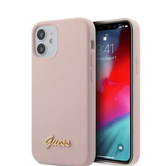 Guess Liquid Silicone Phone Case w/ Metal Logo Script for iPhone 12 Mini