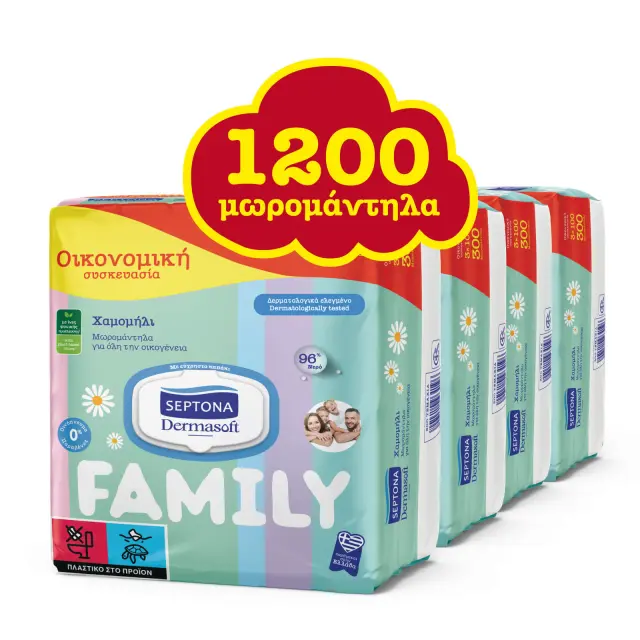 Septona Πακέτο Προσφοράς 12 ΤΕΜΑΧΙΑ Dermasoft Family Pack Μωρομάντηλα για όλη την οικογένεια (χαμομήλι) – 12 Χ 100τεμ. 2