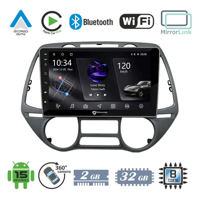 VenCore Οθόνη Multimedia Android 15 9" PX5S Octa-Core 2GB/32GB IPS με Πρόσοψη, CarPlay, Android Auto και Υποστήριξη Κάμερας 360° για Hyundai i20 2009-2012 Auto A/C – Γκρι (3236-10005-0709G)