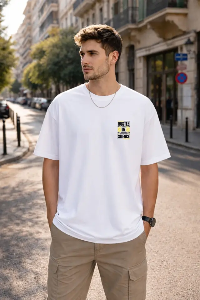 T-shirt Noshame® Oversized Λευκό με τύπωμα Hustle In Silence - 152629 - XXL 2