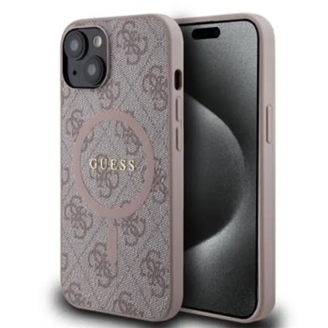 Guess PU Leather 4G Colored Ring MagSafe Case for iPhone 14 Pink